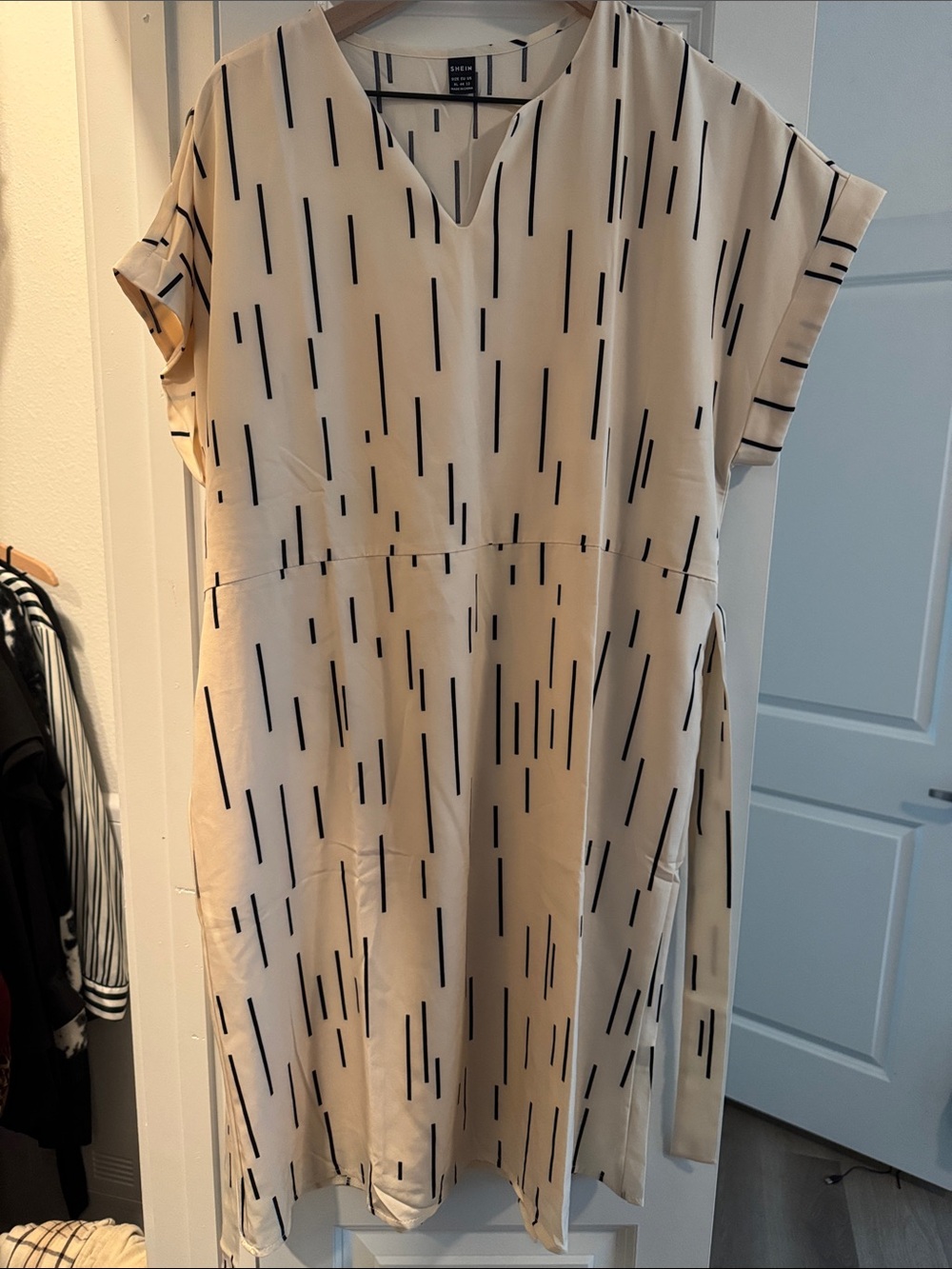 Beige Printed Midi Dress with Tie Waist - Picture 6 of 6